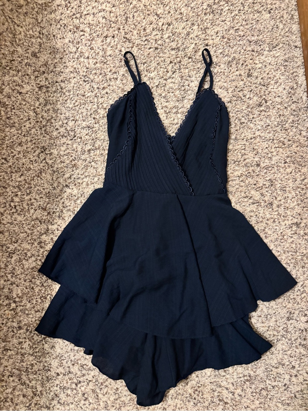 Navy Blue Ruffled V-Neck Spaghetti Strap Romper